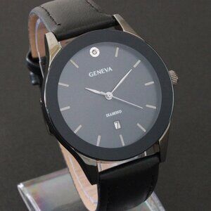 Geneva Men's Dress Watch Diamond At 12 Blacked Out Leather Strap 42mm